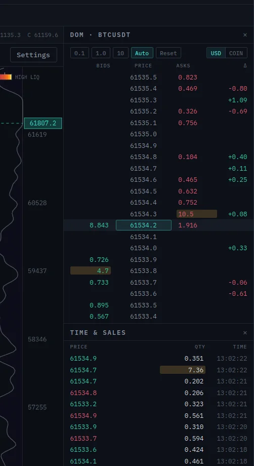 The DOM ladder and time & sales stacked as one column: bid and ask sizes with depth bars, pinned spread row, prints colored by aggressor side