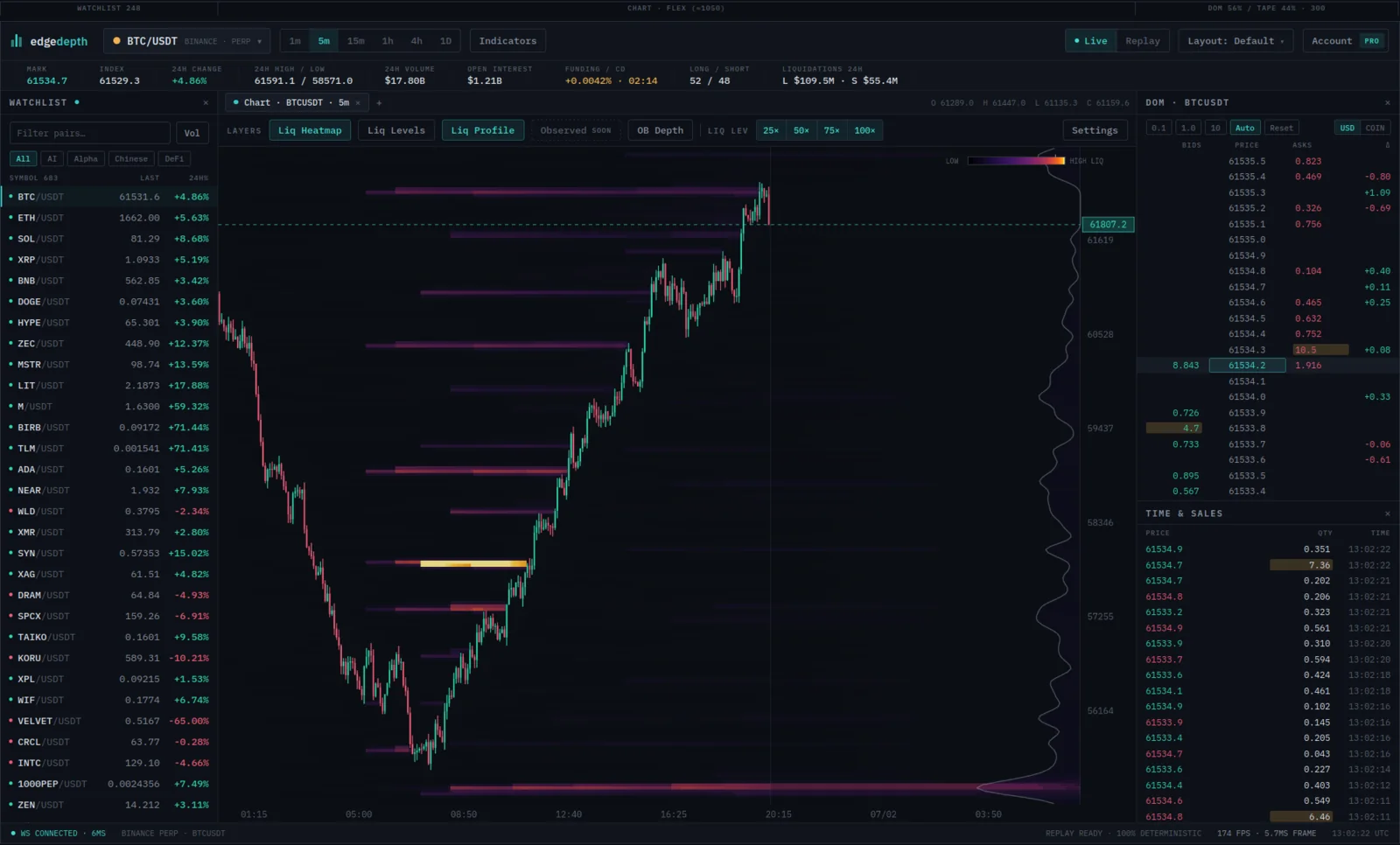 The default EdgeDepth layout with the five zones labelled: watchlist, chart, DOM and tape column, stats strip, status bar